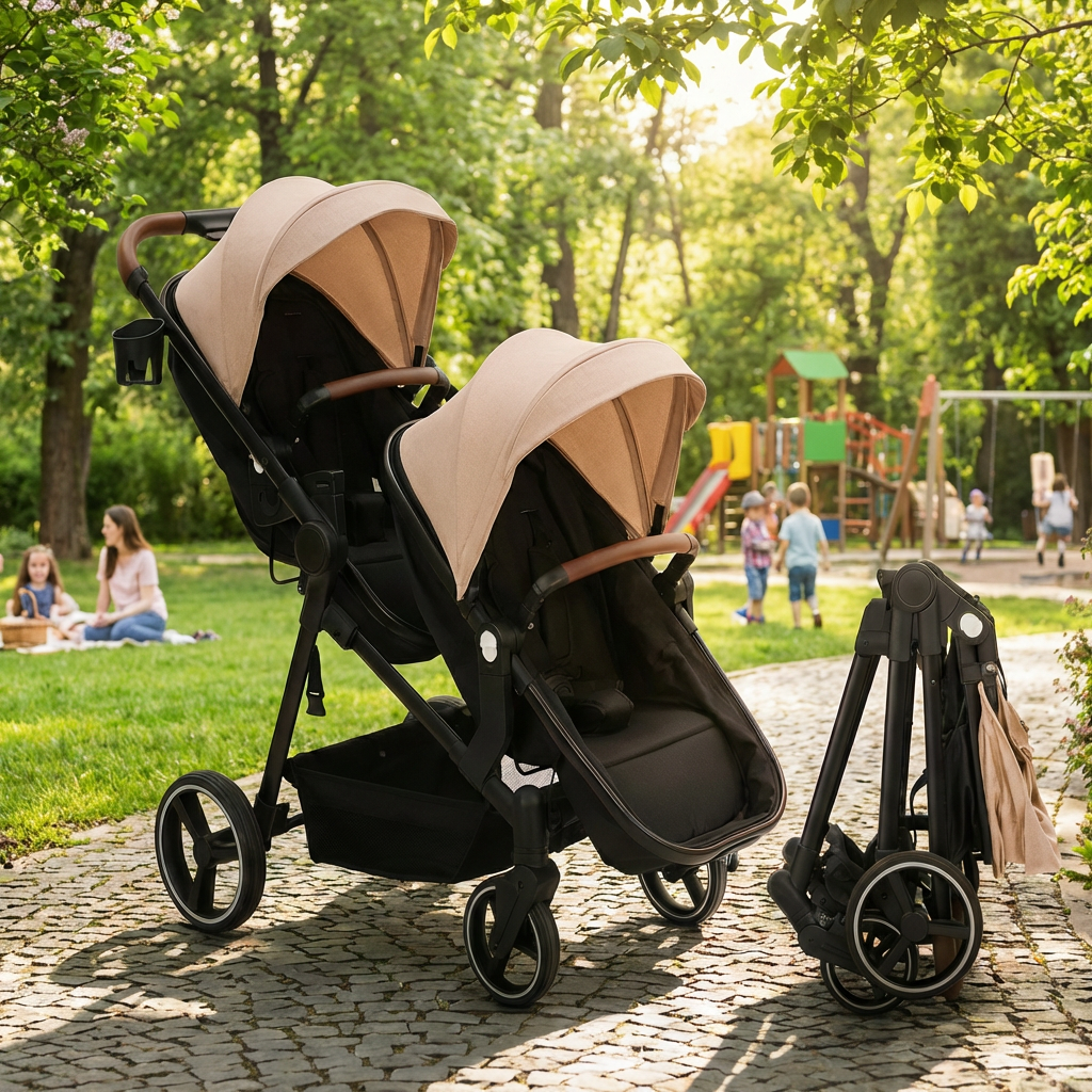 Foldable Double Baby Stroller Multi-Position Reversible Khaki