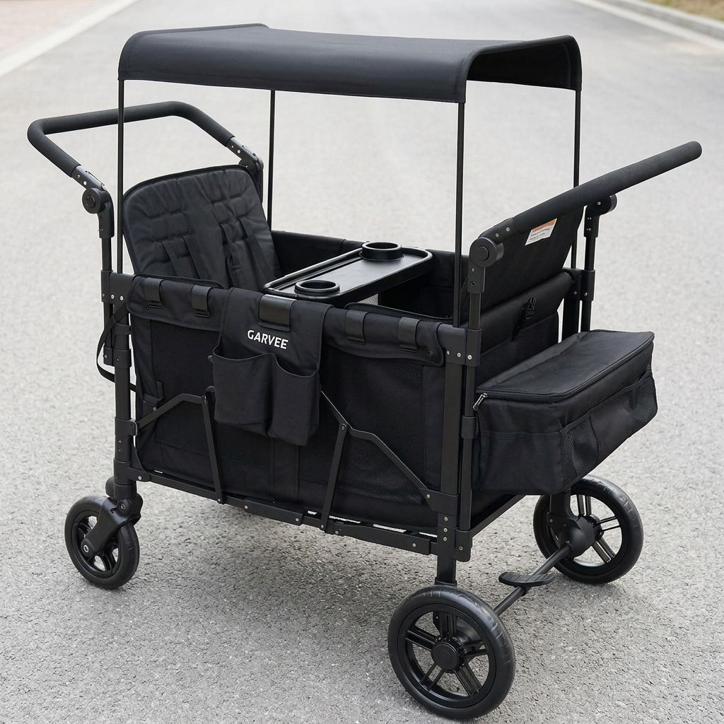 2-in-1 Foldable Double Stroller Wagon with Canopy Black