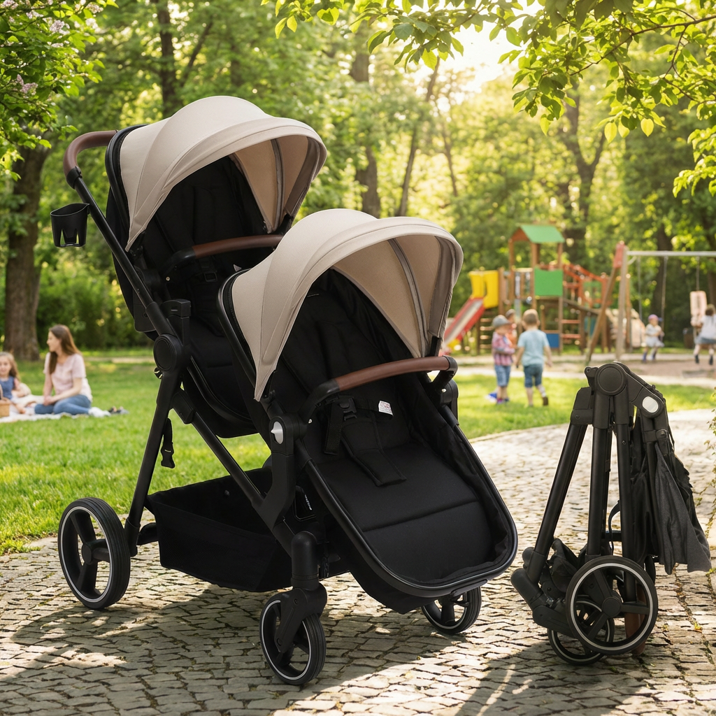 Foldable Double Baby Stroller Multi-Position Reversible Beige