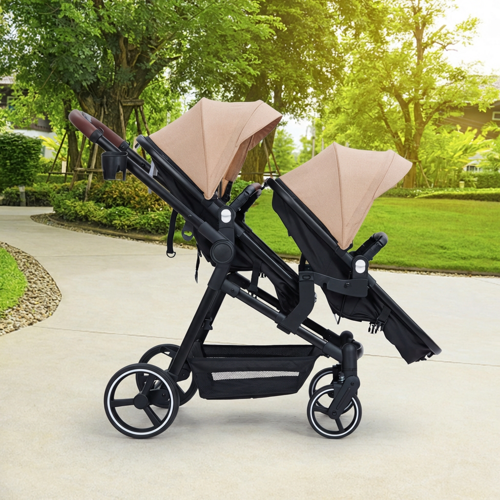 Foldable Double Baby Stroller Multi-Position Reversible Khaki