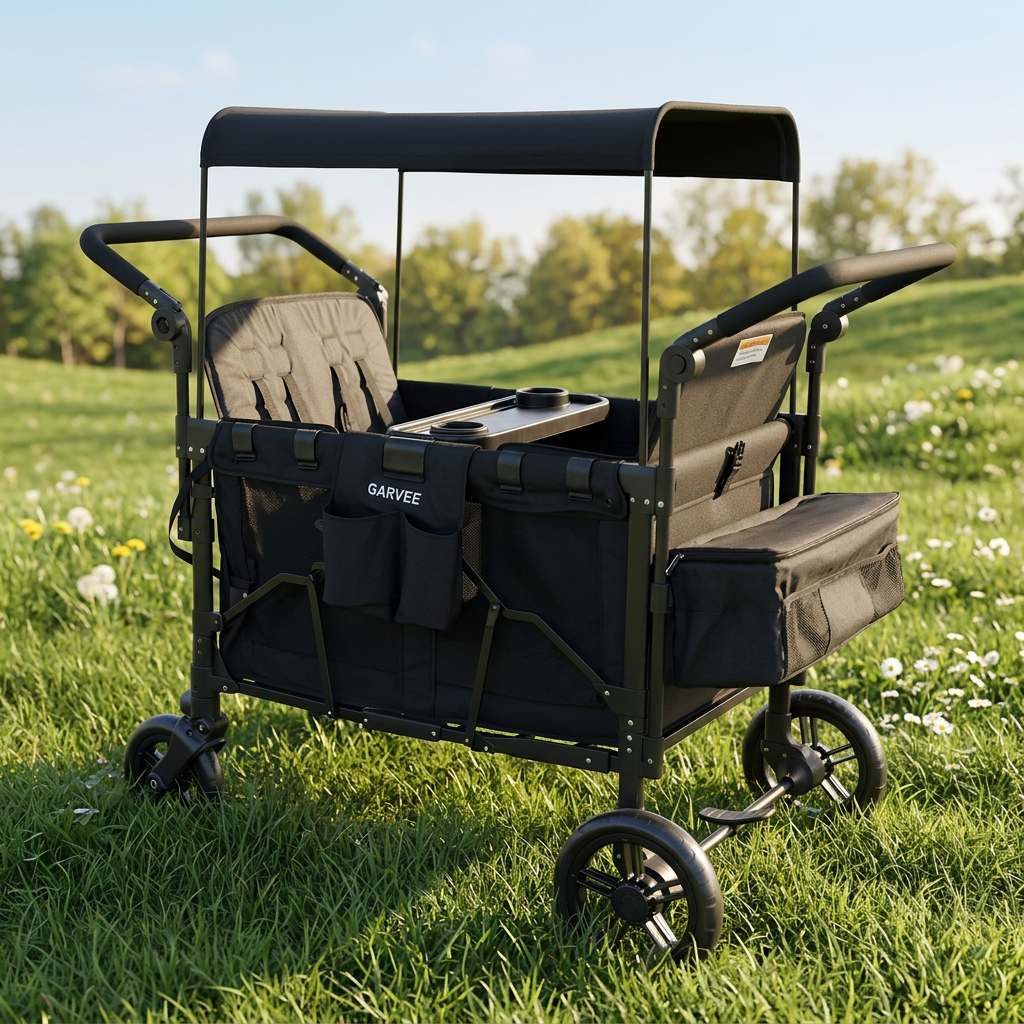 2-in-1 Foldable Double Stroller Wagon with Canopy Black