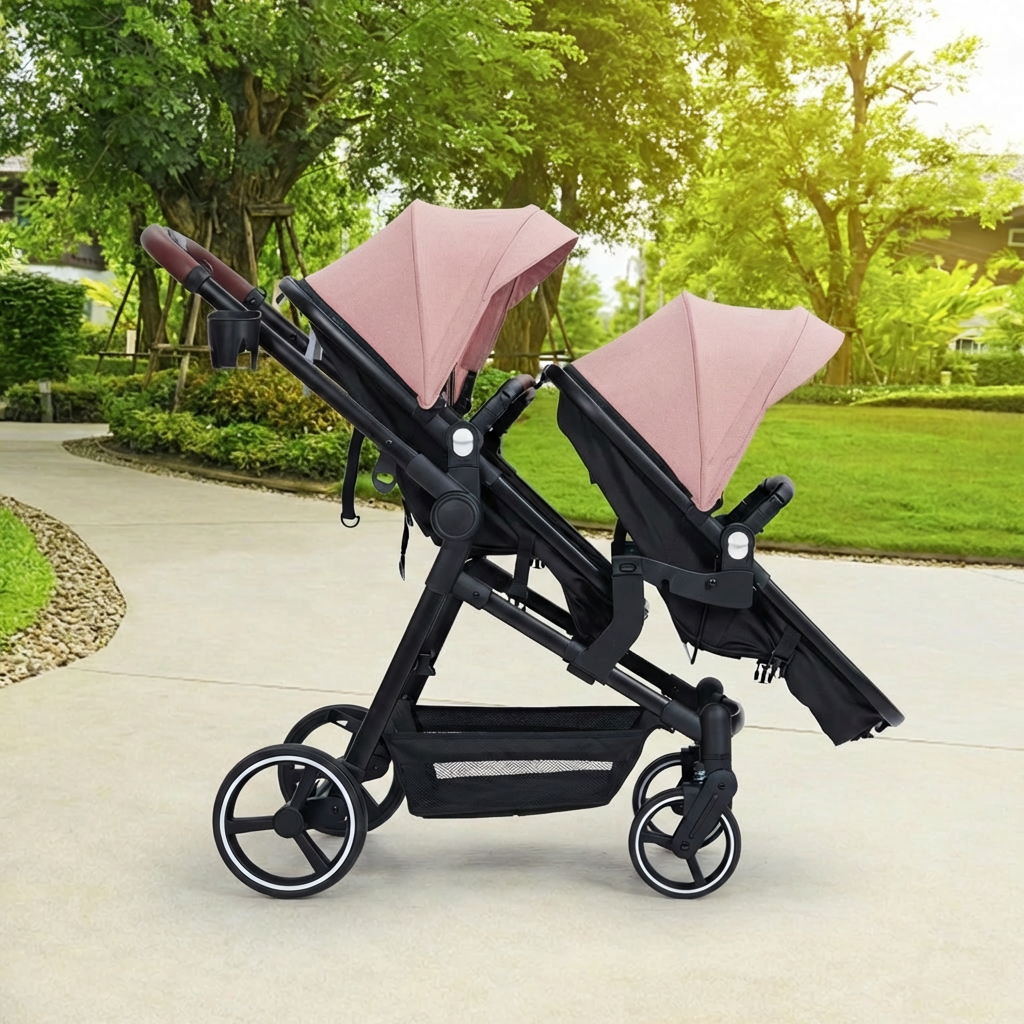 Foldable Double Baby Stroller Multi-Position Reversible Pink