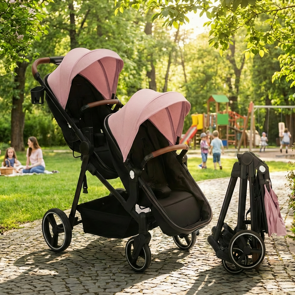 Foldable Double Baby Stroller Multi-Position Reversible Pink