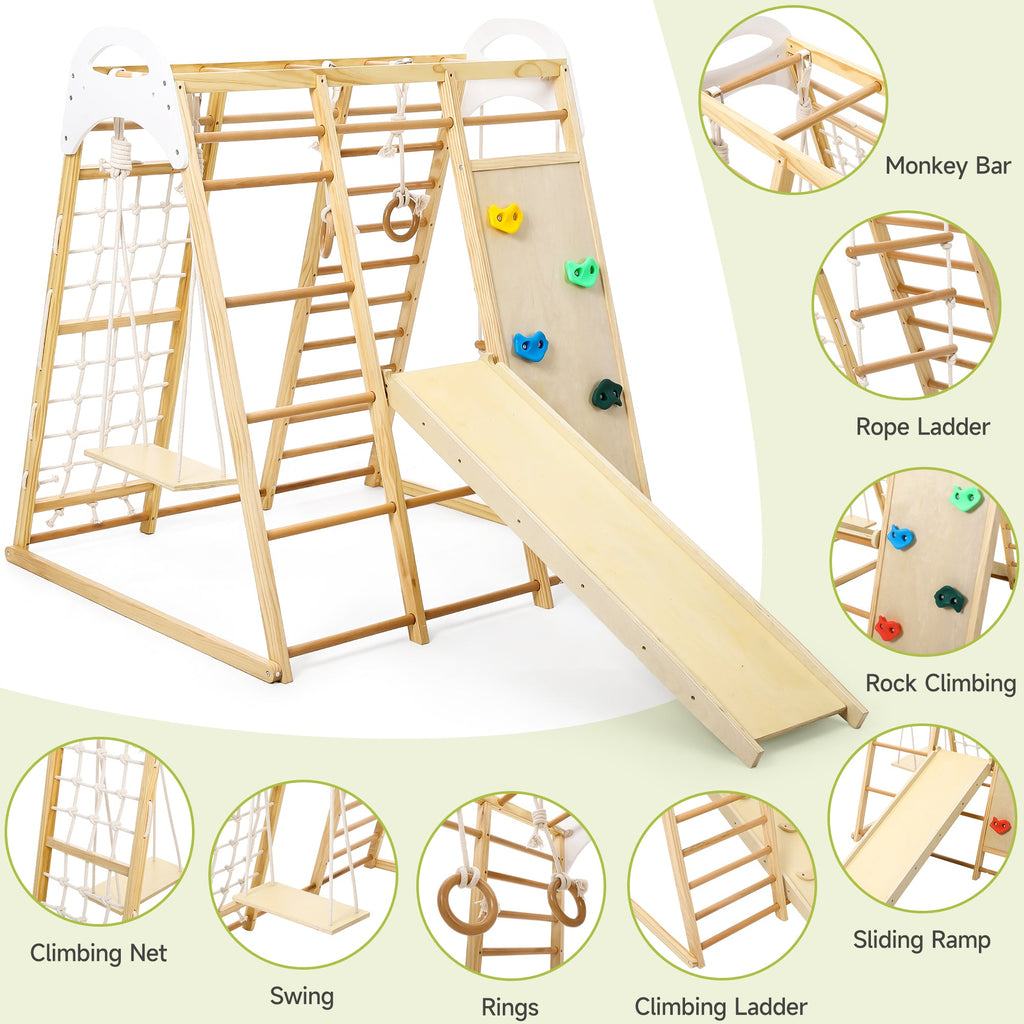 Wooden Jungle Gym Playset for Toddlers 8 in 1 with Swing and Climbing Structure GainNo