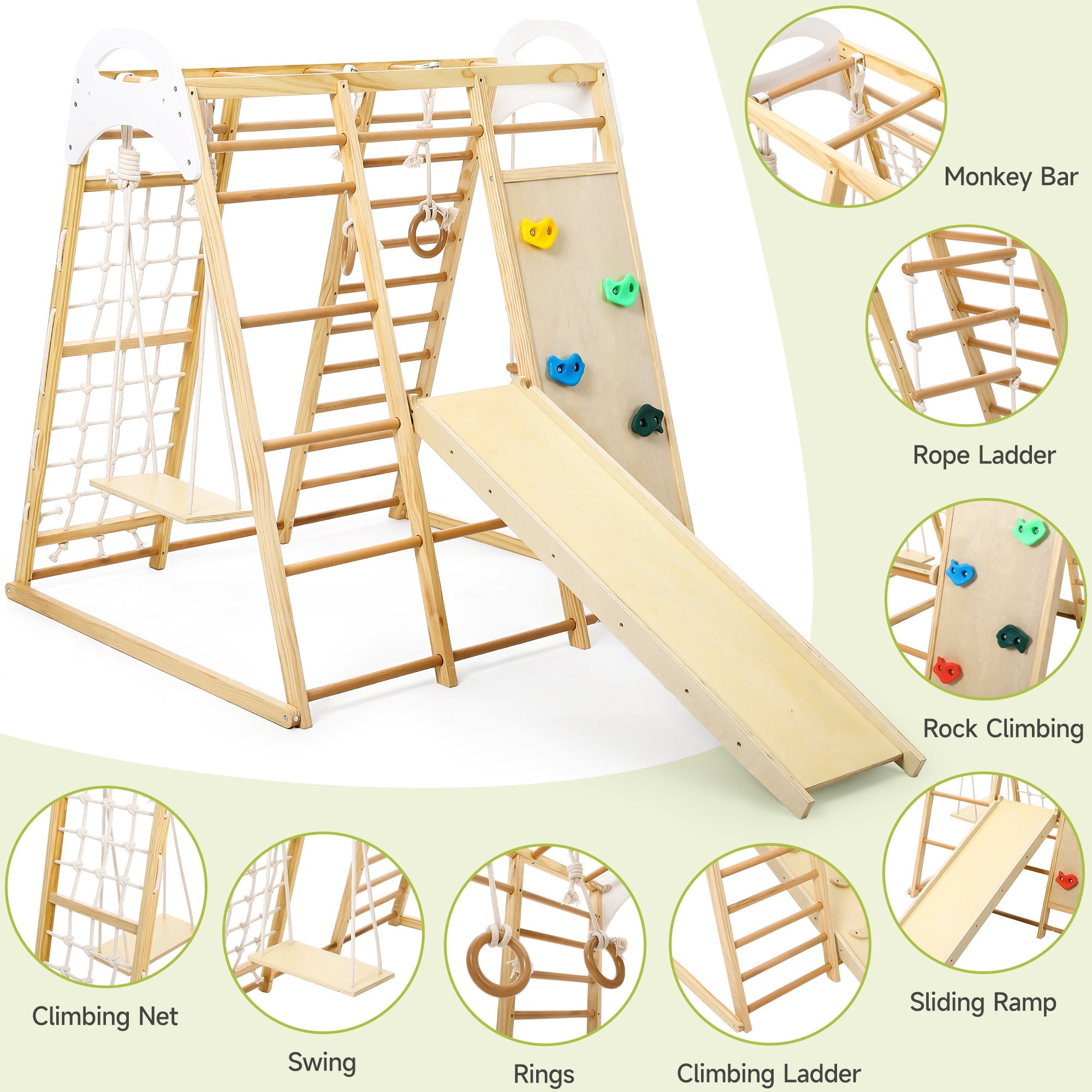 Wooden Jungle Gym Playset for Toddlers 8 in 1 with Swing and Climbing Structure GainNo