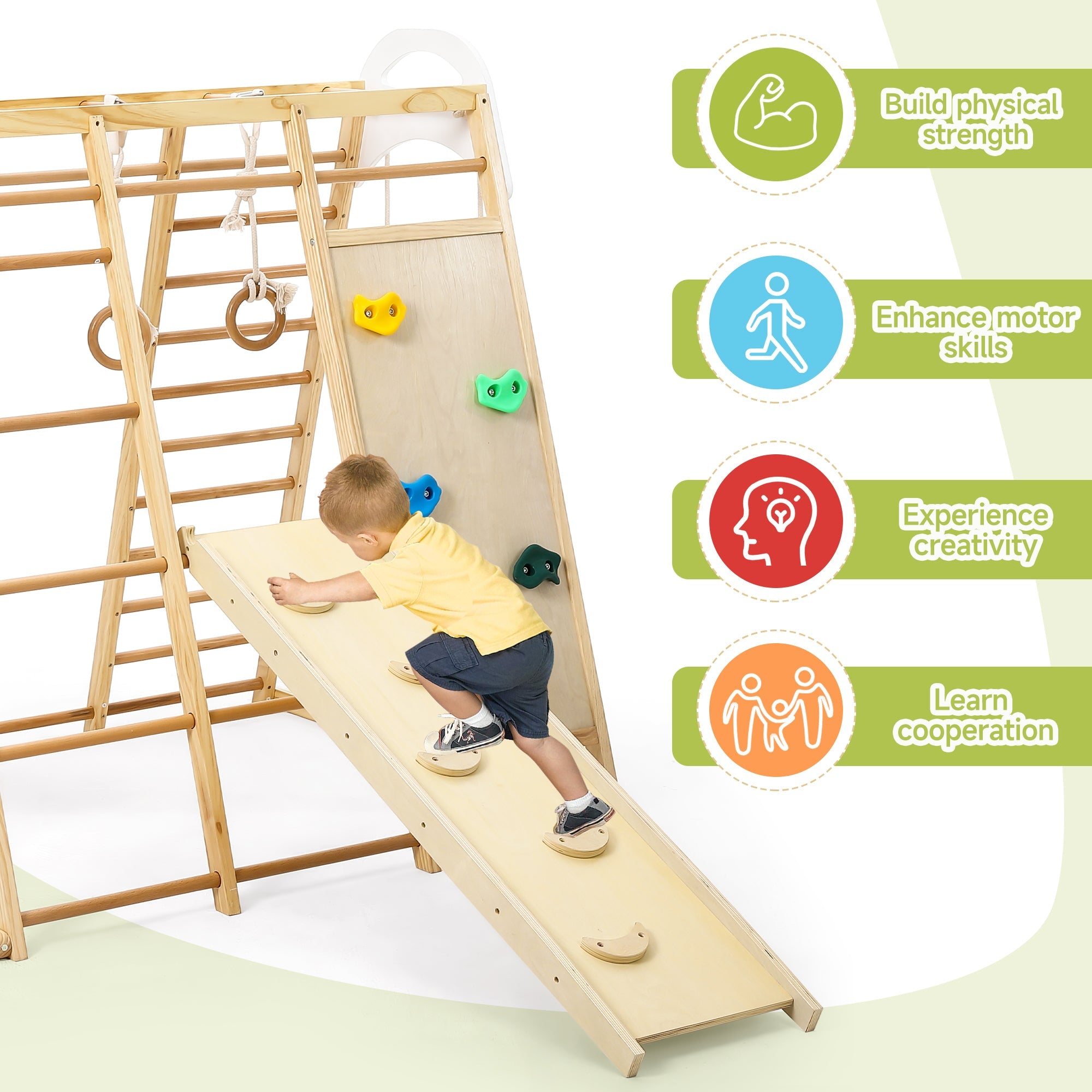 Wooden Jungle Gym Playset for Toddlers 8 in 1 with Swing and Climbing Structure GainNo