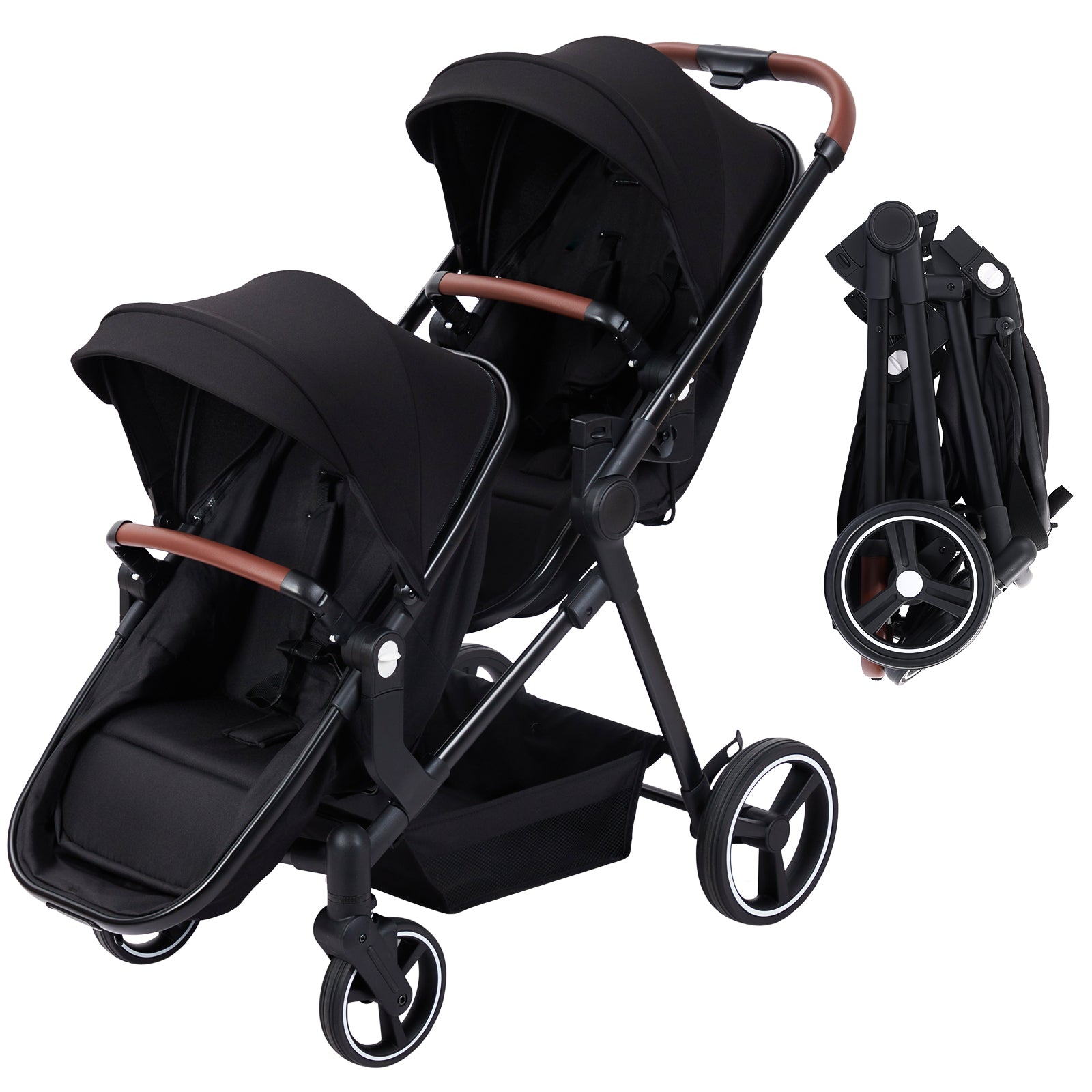 Foldable Double Baby Stroller Multi-Position Reversible Black
