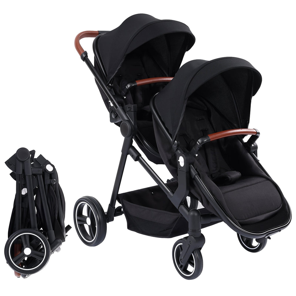 Foldable Double Baby Stroller Multi-Position Reversible Black