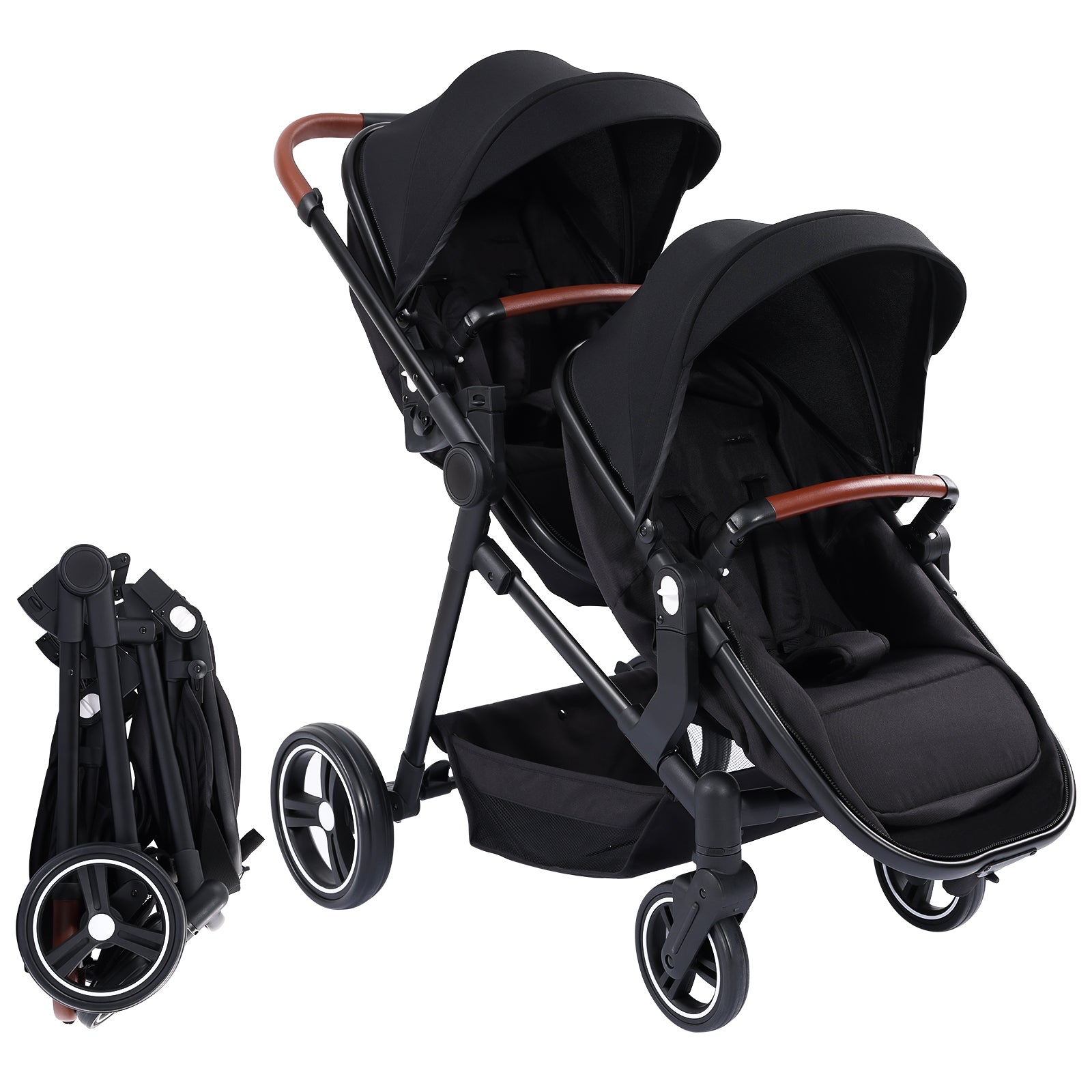Foldable Double Baby Stroller Multi-Position Reversible Black
