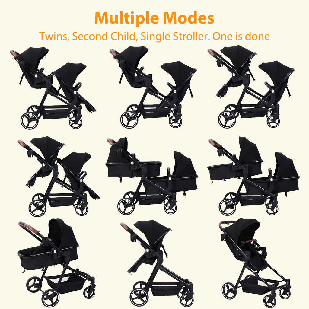Foldable Double Baby Stroller Multi-Position Reversible Black