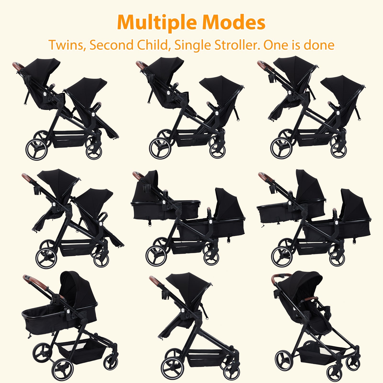 Foldable Double Baby Stroller Multi-Position Reversible Black