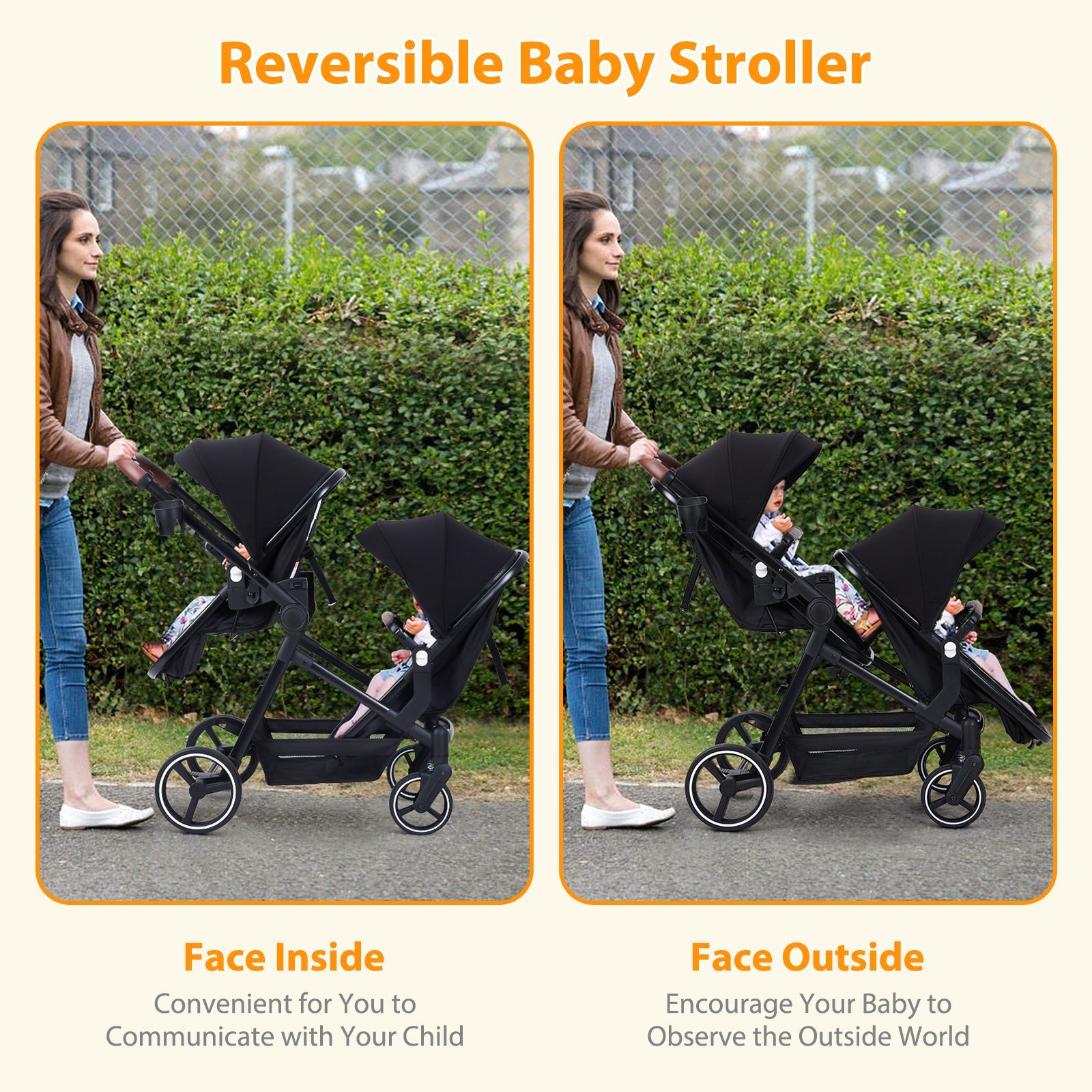 Foldable Double Baby Stroller Multi-Position Reversible Black