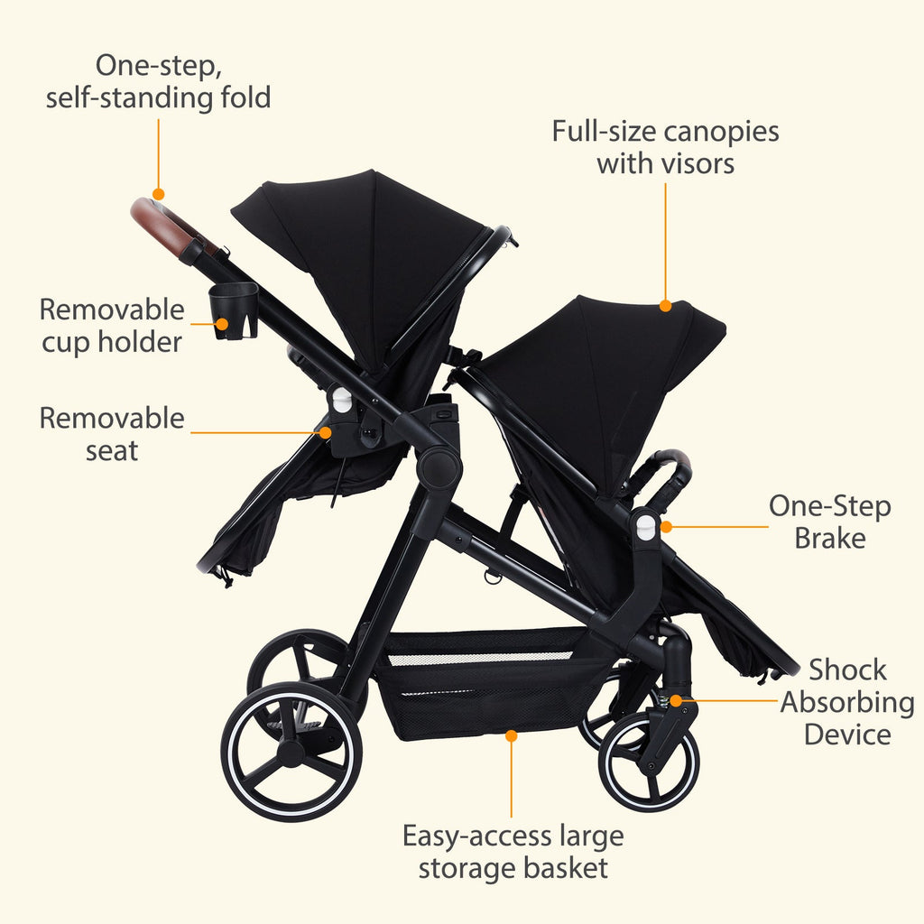 Foldable Double Baby Stroller Multi-Position Reversible Black