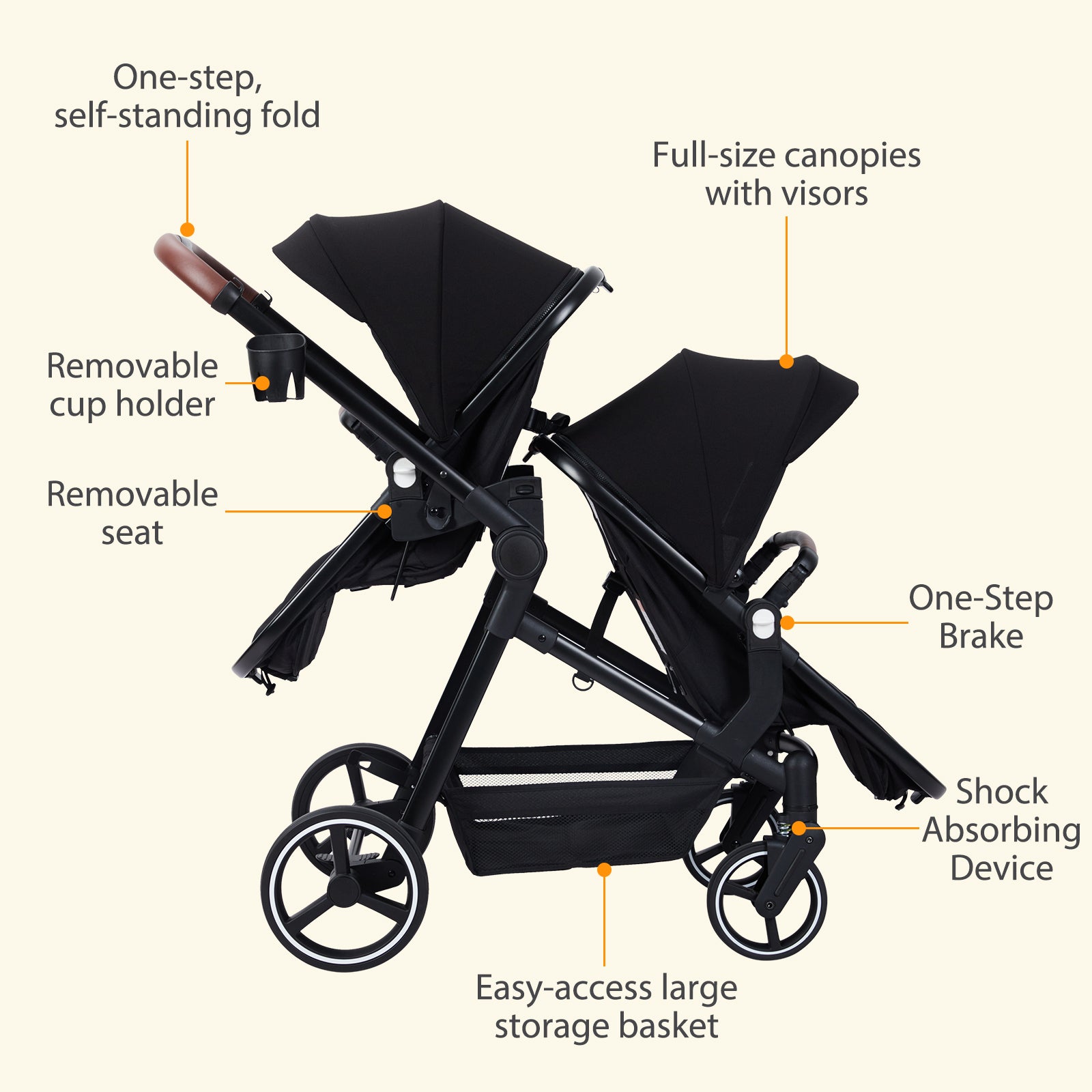 Foldable Double Baby Stroller Multi-Position Reversible Black