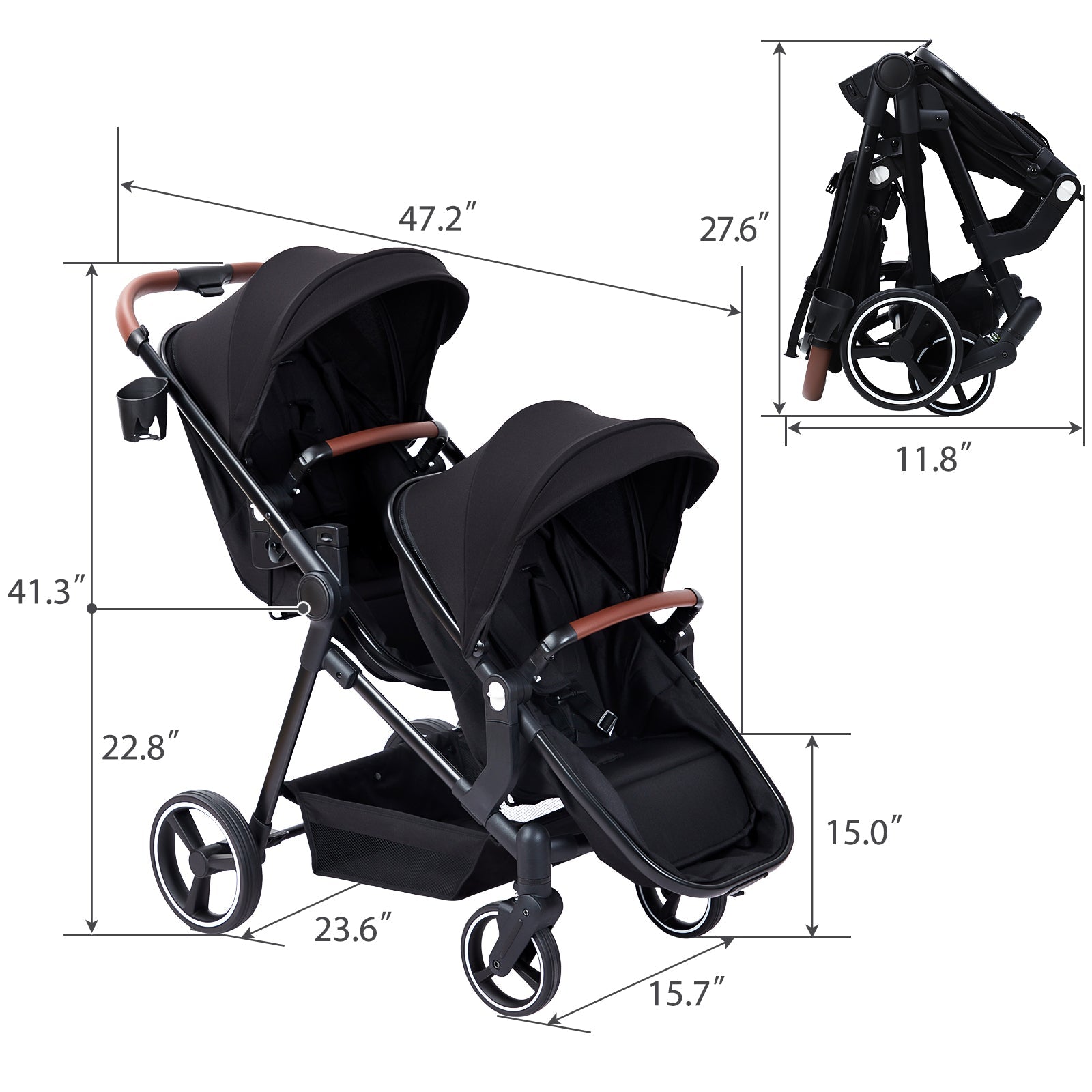 Foldable Double Baby Stroller Multi-Position Reversible Black