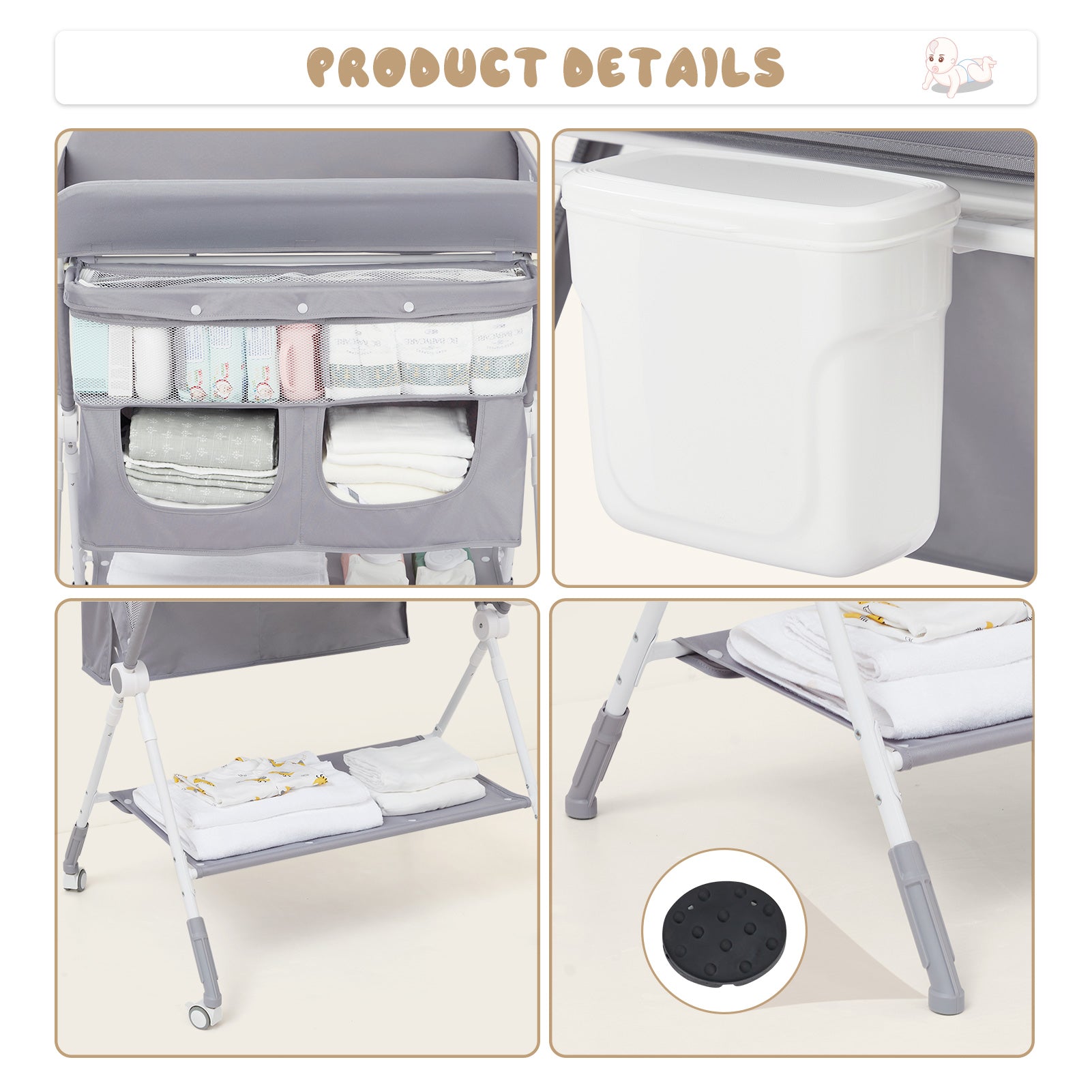 Portable Baby Changing Table with Wheels Adjustable Height and Cleaning Bucket GainNo