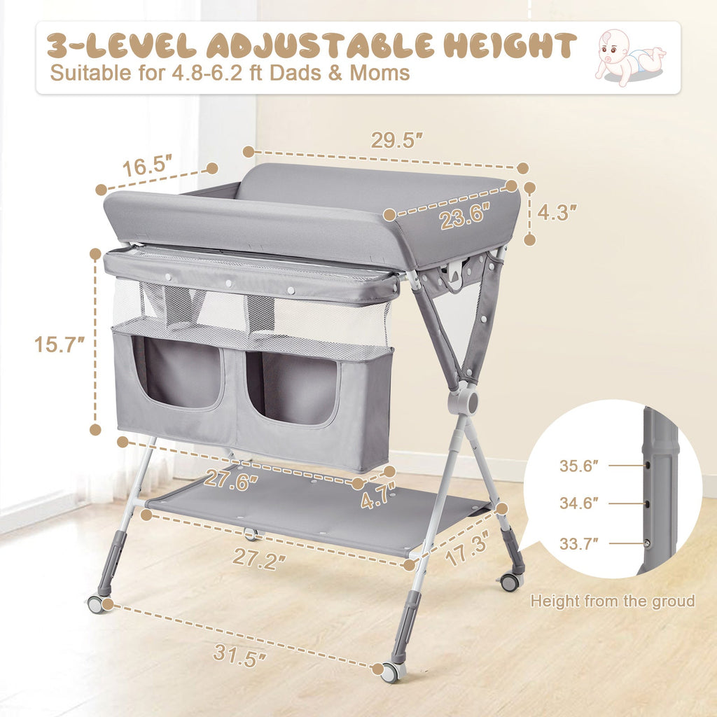 Portable Baby Changing Table with Wheels Adjustable Height and Cleaning Bucket GainNo
