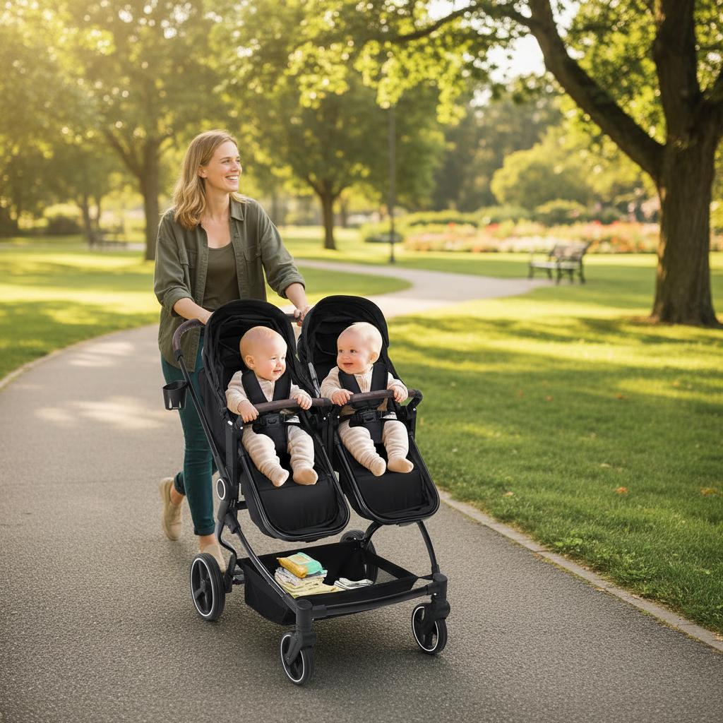 Foldable Double Baby Stroller with Adjustable Canopy Dark Grey GainNo