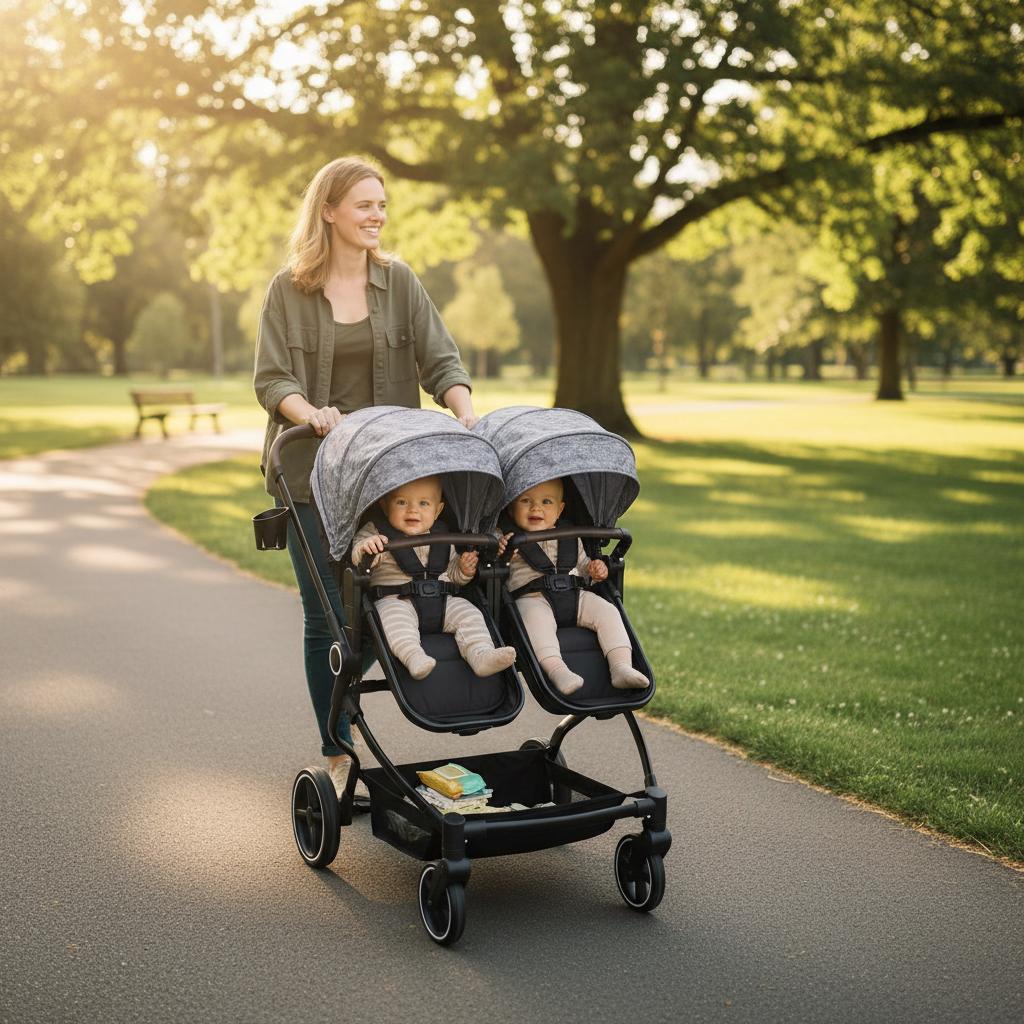 Foldable Double Baby Stroller Light Grey with Adjustable Canopy