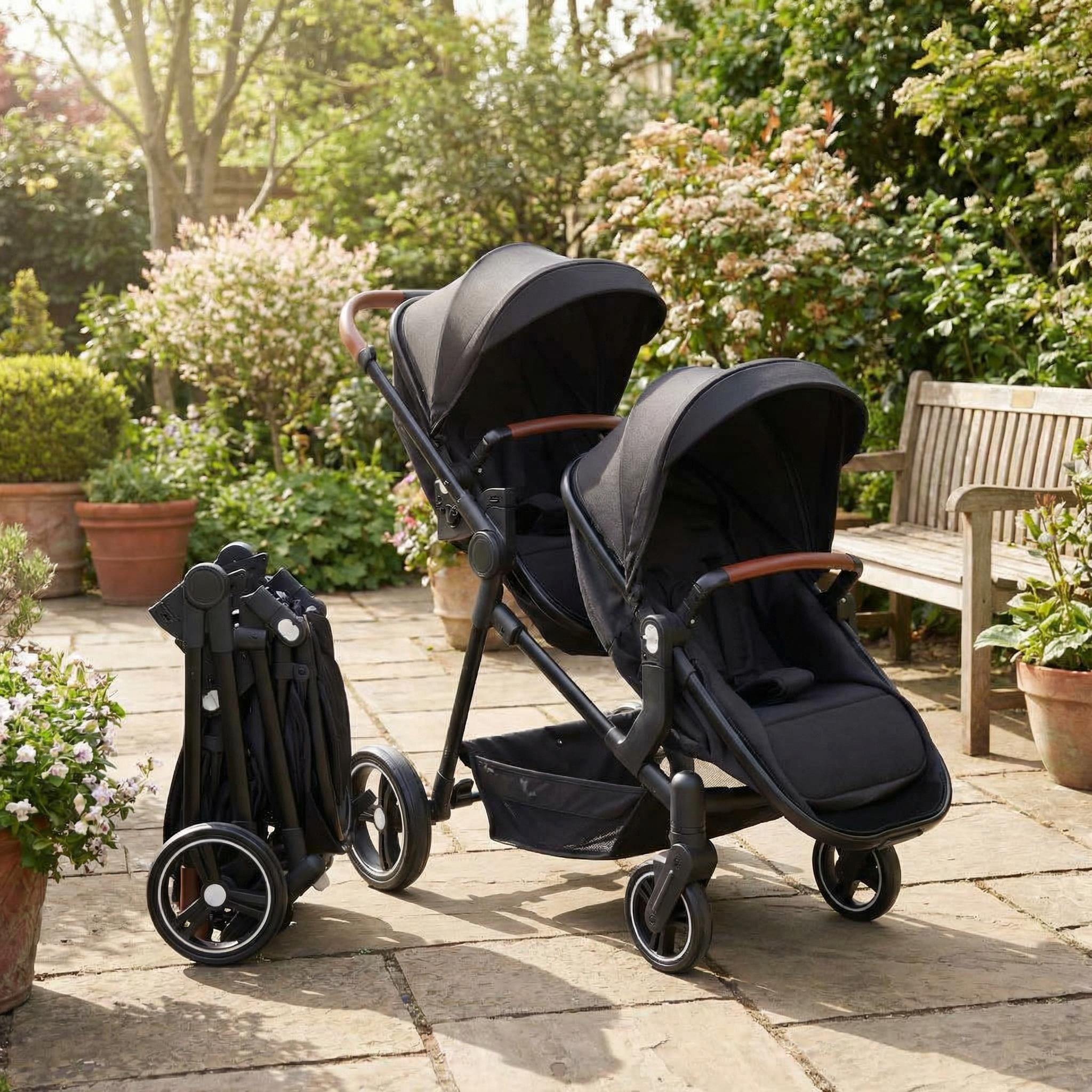 Foldable Double Baby Stroller Multi-Position Reversible Black