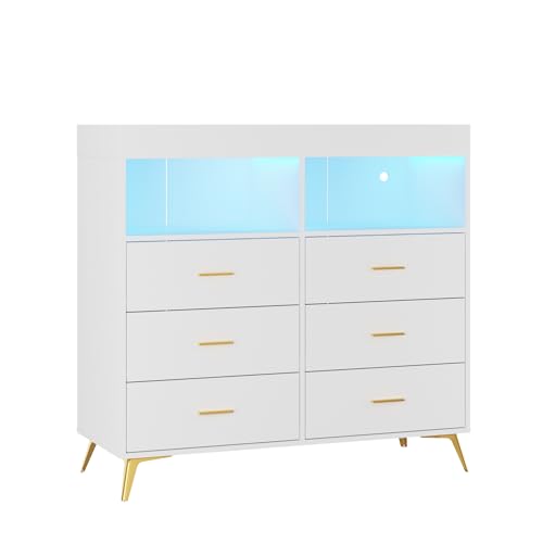 6 Drawer Dresser with LED Lights and Power Outlet White