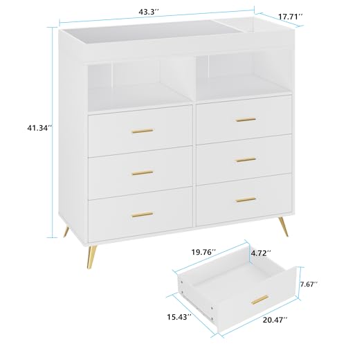 6 Drawer Dresser with LED Lights and Power Outlet White