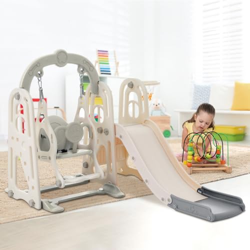 3 in 1 Toddler Swing Set Climber Playset with Basketball Hoop Grey