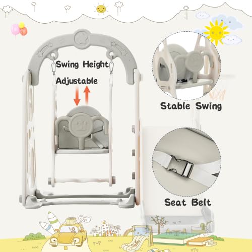 3 in 1 Toddler Swing Set Climber Playset with Basketball Hoop Grey