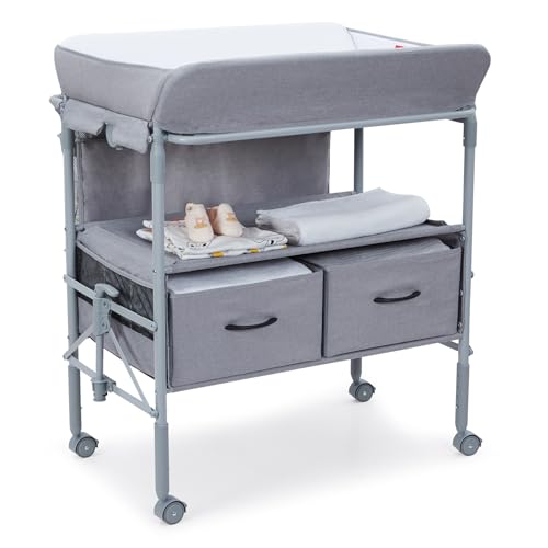 Portable Baby Changing Table with 2 Drawers and Waterproof Topper Grey