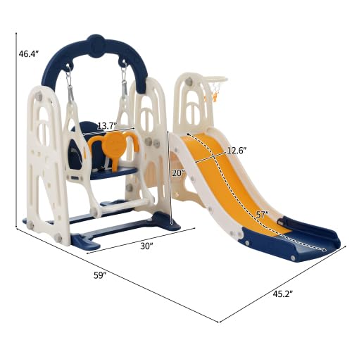 3 in 1 Toddler Swing Set Climber Playset with Basketball Hoop Blue Yellow