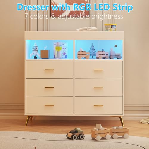 6 Drawer Dresser with LED Lights and Power Outlet White