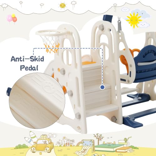 3 in 1 Toddler Swing Set Climber Playset with Basketball Hoop Blue Yellow