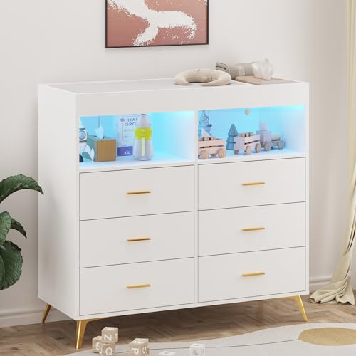 6 Drawer Dresser with LED Lights and Power Outlet White