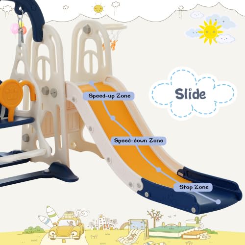 3 in 1 Toddler Swing Set Climber Playset with Basketball Hoop Blue Yellow
