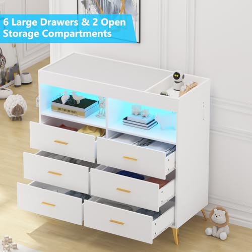 6 Drawer Dresser with LED Lights and Power Outlet White
