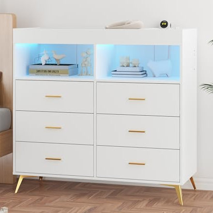 6 Drawer Dresser with LED Lights and Power Outlet White