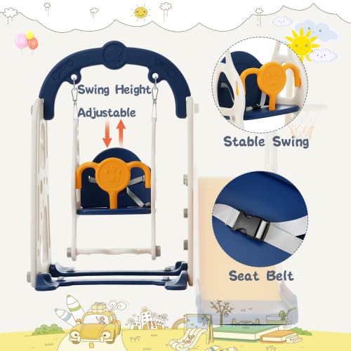 3 in 1 Toddler Swing Set Climber Playset with Basketball Hoop Blue Yellow