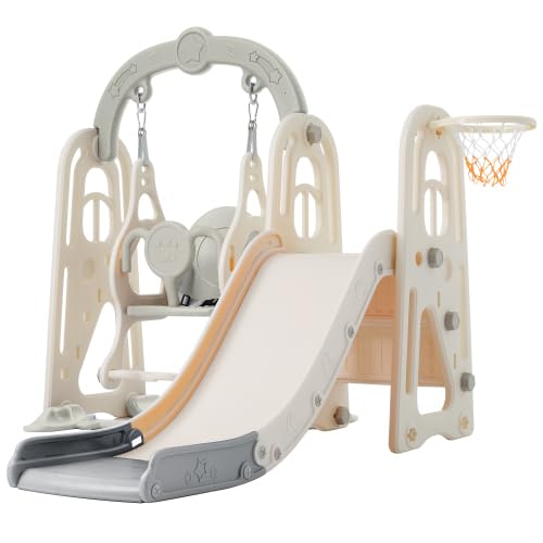 3 in 1 Toddler Swing Set Climber Playset with Basketball Hoop Grey