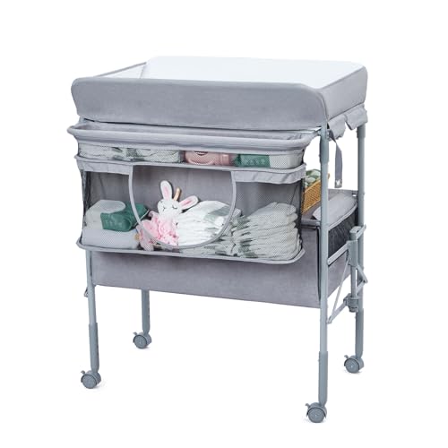 Portable Baby Changing Table with 2 Drawers and Waterproof Topper Grey