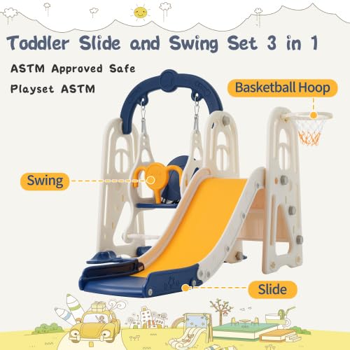 3 in 1 Toddler Swing Set Climber Playset with Basketball Hoop Blue Yellow