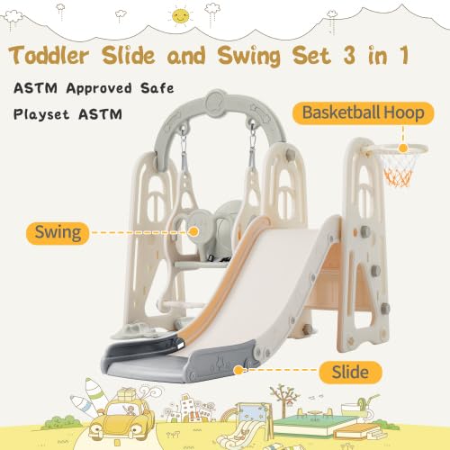 3 in 1 Toddler Swing Set Climber Playset with Basketball Hoop Grey