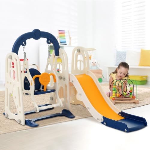 3 in 1 Toddler Swing Set Climber Playset with Basketball Hoop Blue Yellow