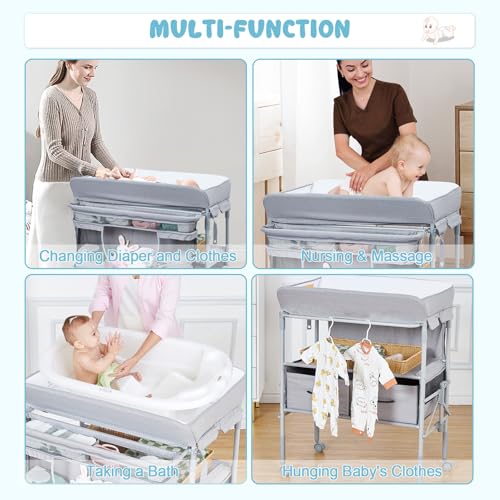 Portable Baby Changing Table with 2 Drawers and Waterproof Topper Grey