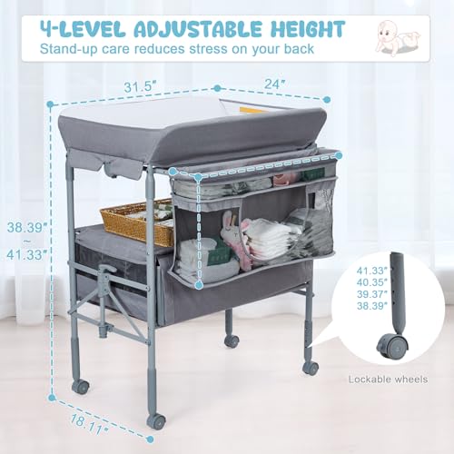 Portable Baby Changing Table with 2 Drawers and Waterproof Topper Grey