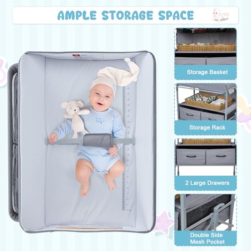 Portable Baby Changing Table with 2 Drawers and Waterproof Topper Grey