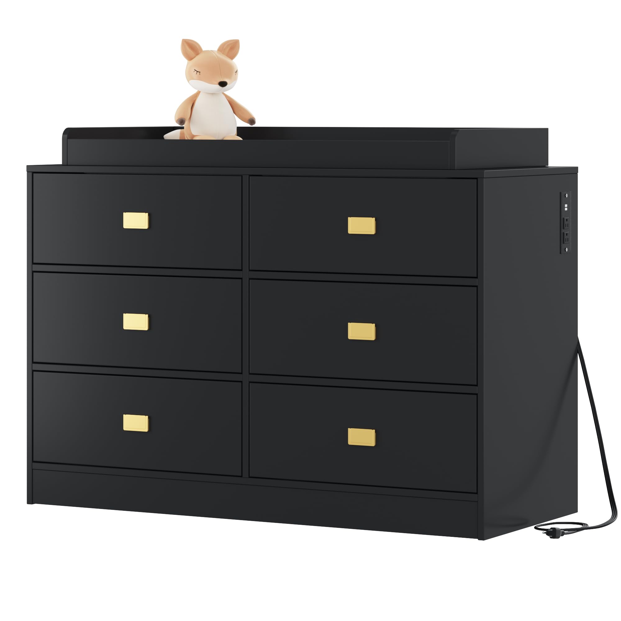 Baby Changing Table Dresser with 6 Drawers and Changing Pad Black GainNo