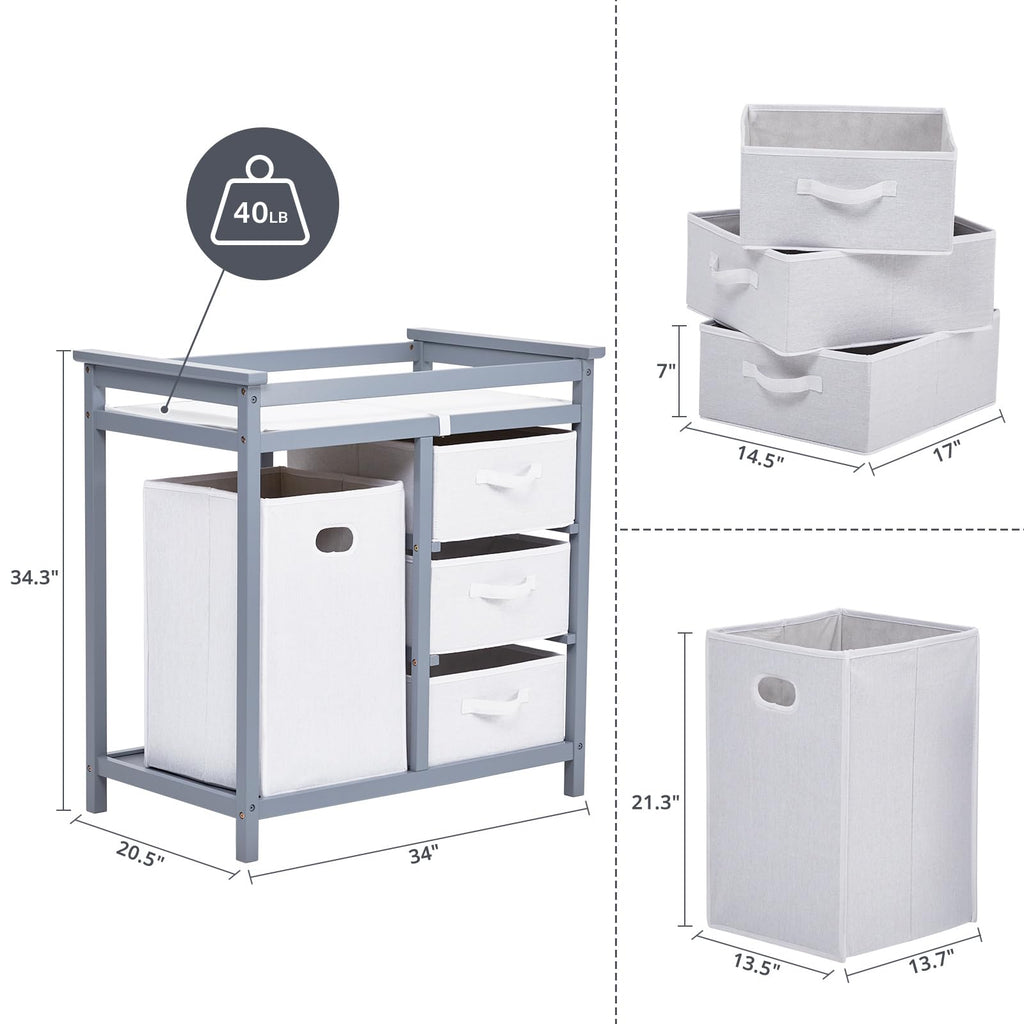 Wooden Diaper Changing Table with Laundry Hamper and 3 Storage Drawers GainNo