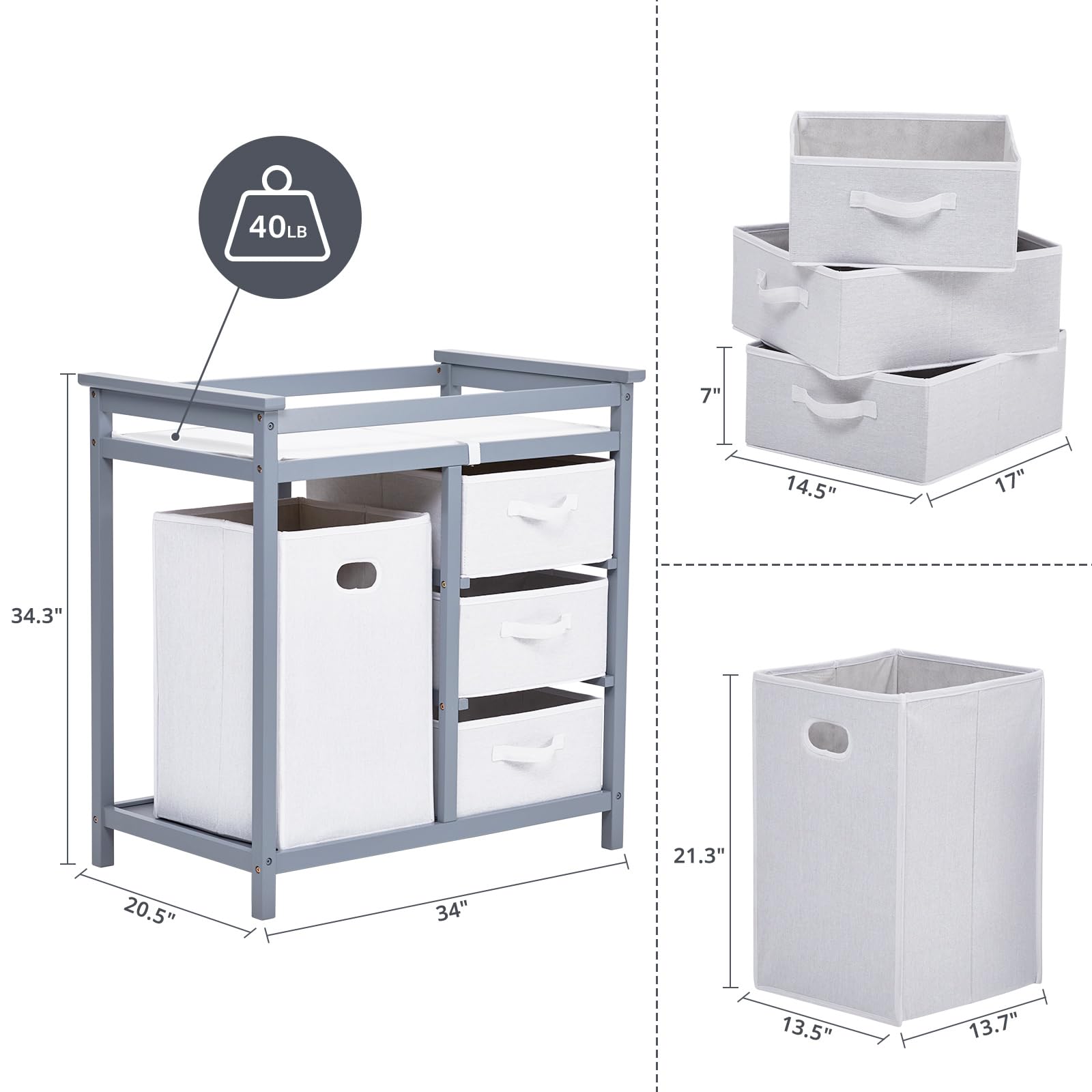 Wooden Diaper Changing Table with Laundry Hamper and 3 Storage Drawers GainNo