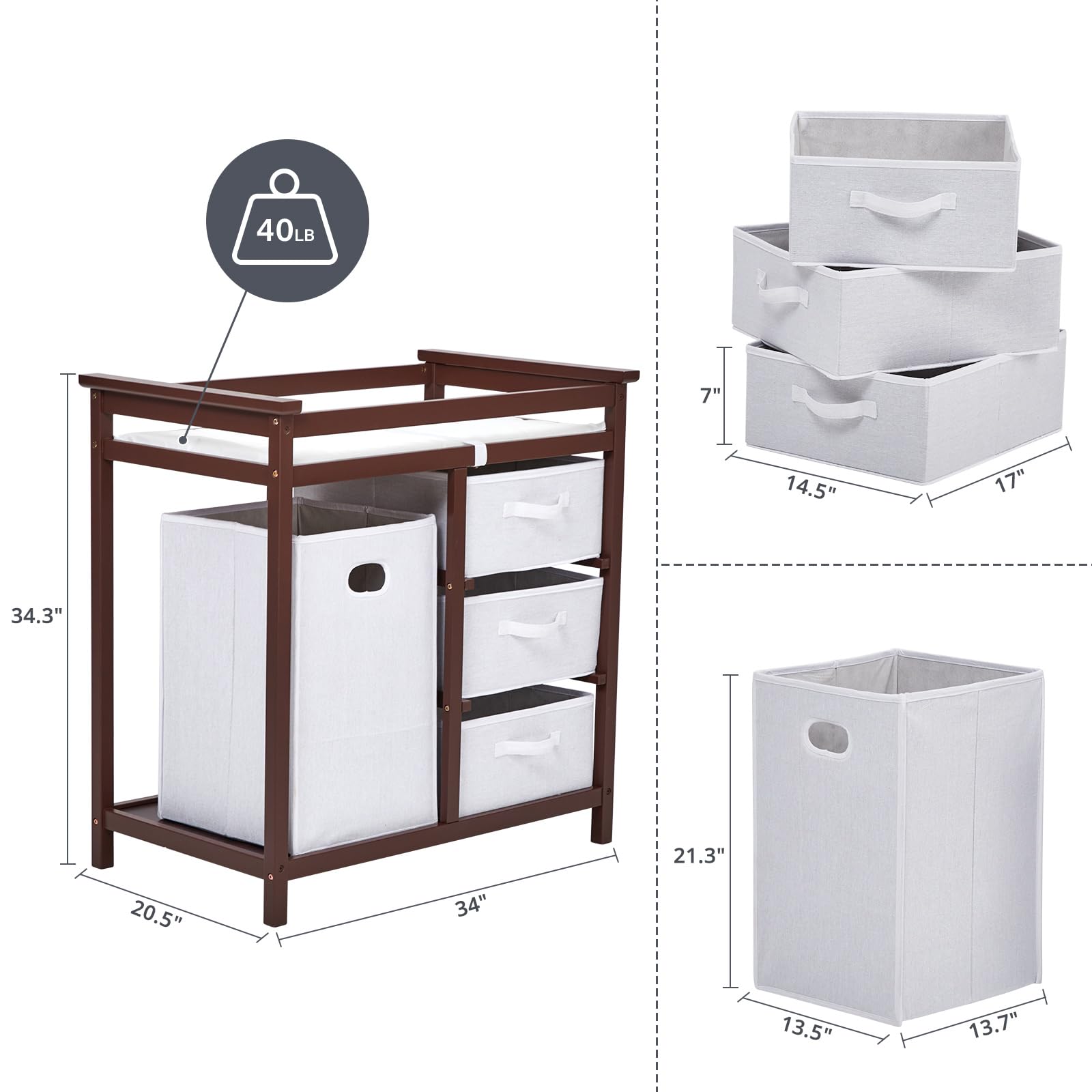 Wooden Diaper Changing Table with Laundry Hamper and 3 Drawers Brown GainNo