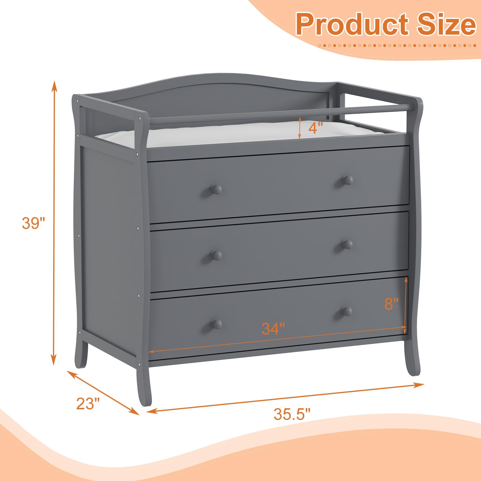 3-Drawer Changing Table with Safety Rails and Strap GainNo